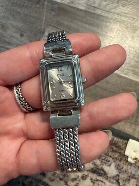 Vintage CG Quartz Silver-Tone Rectangular Watch Stainless Steel Back Japan Movem